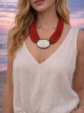 Statement Red Beaded Necklace ❤️ Vintage Coral Look | Bold Coastal Chic